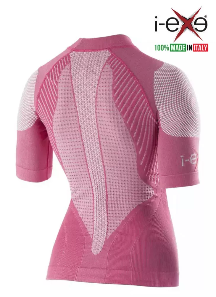 I-EXE Made in Italy – Women’s Multizone Short Sleeve Compression Shirt – Color: Pink with White Compression Shirts and T-Shirts