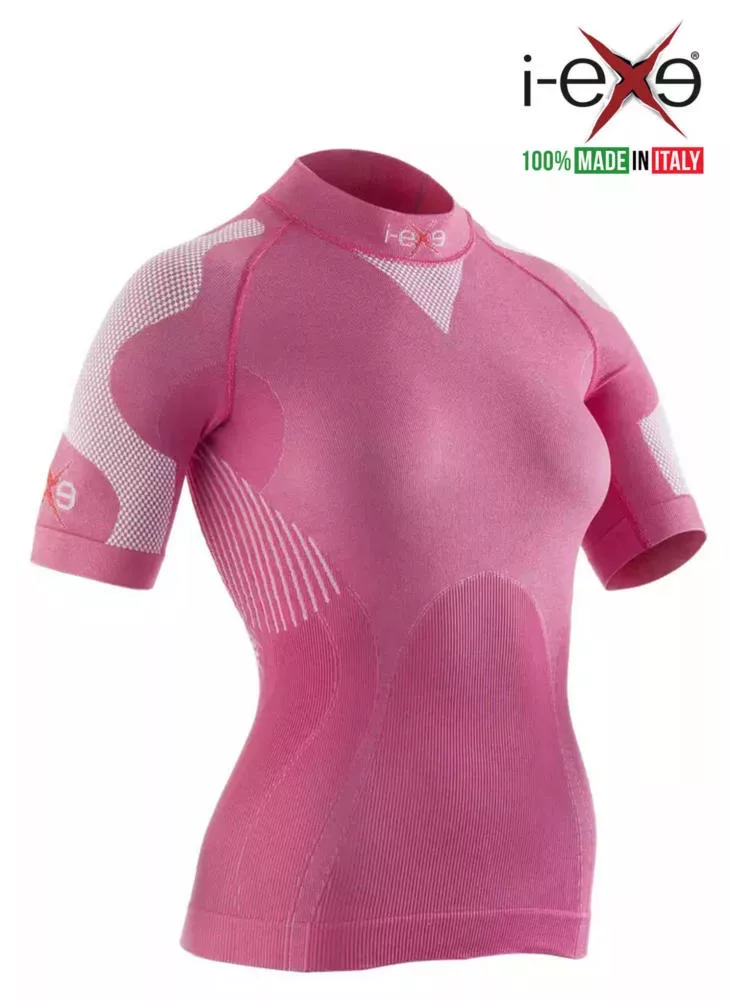 I-EXE Made in Italy – Women’s Multizone Short Sleeve Compression Shirt – Color: Pink with White Compression Shirts and T-Shirts