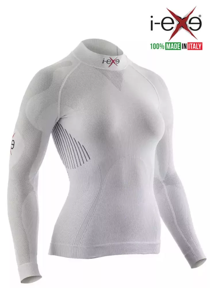 I-EXE Made in Italy – Damen-Multizone-Langarm-Kompressionsshirt – Farbe: Weiß mit Schwarz Kompressionshemden und T-Shirts