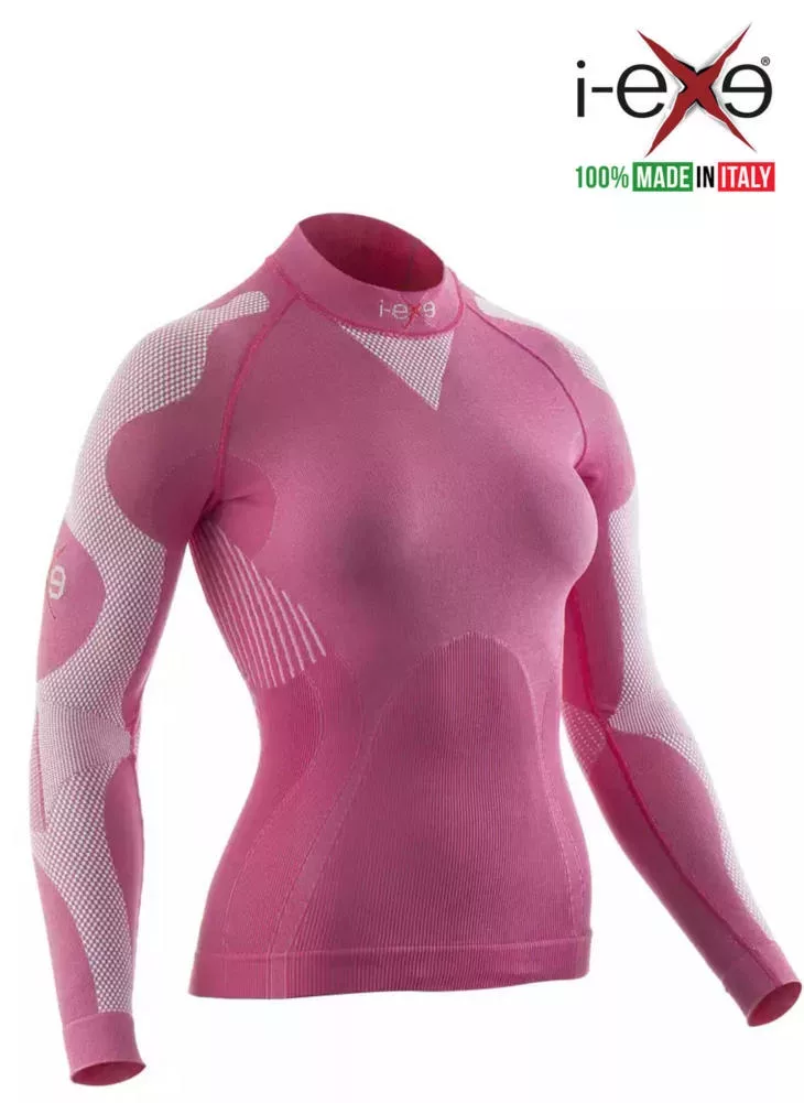 I-EXE Made in Italy – Damen-Multizone-Langarm-Kompressionsshirt – Farbe: Rosa mit Weiß Kompressionshemden und T-Shirts