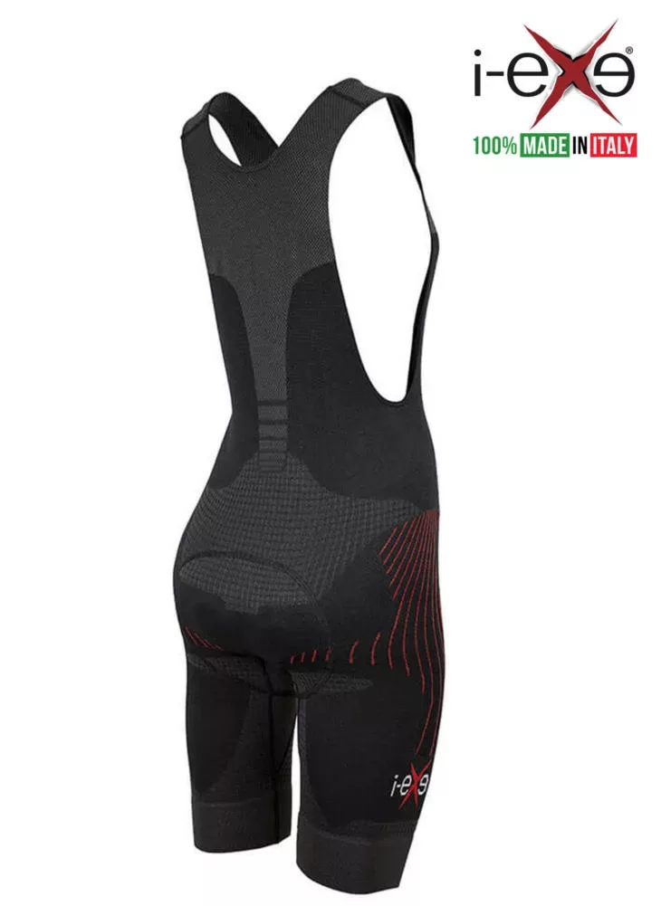 I-EXE Made in Italy – Short de cyclisme pour femme à compression multizone – Couleur : noir avec rouge Cuissards à bretelles de cyclisme
