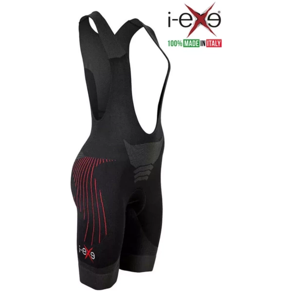 I-EXE Made in Italy – Short de cyclisme pour femme à compression multizone – Couleur : noir avec rouge Cuissards à bretelles de cyclisme